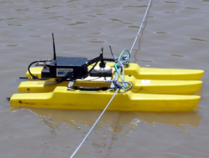 Photograph of the OceanScience tethered boat for the RiverSurveyor